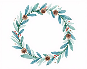 Obraz premium Watercolor New Year Wreath with Pinecones and Mistletoe, Soft Pastel Blue Accents, Space for Calligraphy