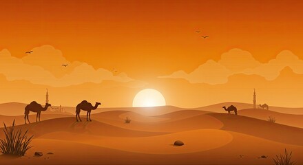 Sunset Desert Landscape: Silhouette of camels walking in a scenic desert landscape with a golden sunset and scattered birds in the sky. The  sun is casting a warm glow, setting a tranquil mood.