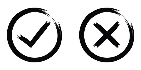 Grunge brush stroke checkboxes with tick and cross symbols. A hand drawn grunge style vector illustration of two checkbox icons on a white background. Hand drawn tick and cross, x mark, yes no buttons
