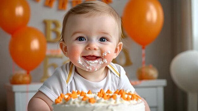 A happy baby with cake smeared on its face enjoys a first birthday cake smash. Orange balloons and decorations create a festive atmosphere. The baby is wearing a white shirt