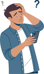 Confused Man Looking at Smartphone Illustration: Worried, Questioning