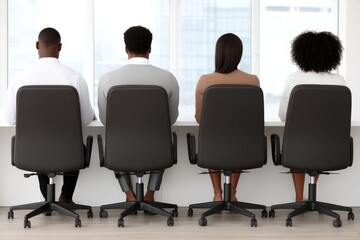 A group of diverse professionals seated in modern office chairs engaged in a collaborative meeting emphasizing teamwork and strategic planning in a sleek contemporary environment