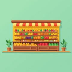 Naklejka premium a flat design illustration of a colorful fruit store, featuring neatly arranged fruits on display racks