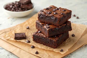 Three Chocolate Brownies Stacked on Brown Paper with Chocolate Chips.