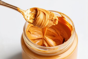Creamy texture of peanut butter with a spoon dipping in the jar, showcasing delicious spread for breakfast, snacks, and culinary delights in the kitchen