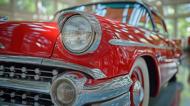Classic red car, close-up view of the front.  Shiny chrome details