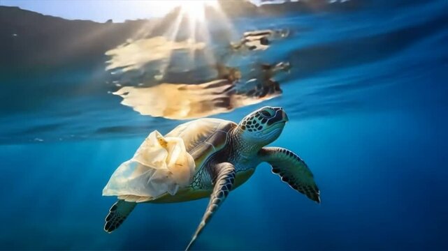 A sea turtle swimming gracefully in clear waters, entangled in plastic waste, highlighting ocean pollution.
