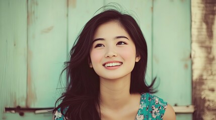 Fototapeta premium Young Asian woman smiling in front of pastel wall, expressing joy and warmth in a cozy home setting