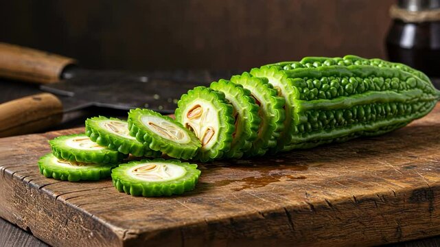 Freshly sliced bitter melon on a rustic cutting board.