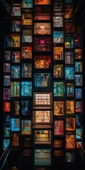 colorful illuminated windows of modern building at night