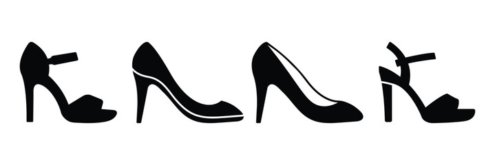 Obraz premium High heel shoes silhouettes icon, High heel simple black flat style, High heels icon silhouette on white background.