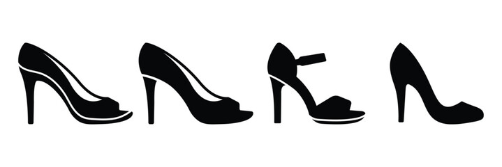 High heel shoes silhouettes icon, High heel simple black flat style, High heels icon silhouette on white background.