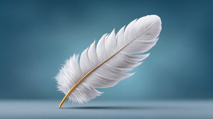 Naklejka premium A Beautiful White Feather Gracefully Resting on a Tranquil Blue Background Symbolizing Lightness Purity Serenity and Hope in Nature and Life