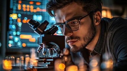 Focused researcher examines microscope in a lab
