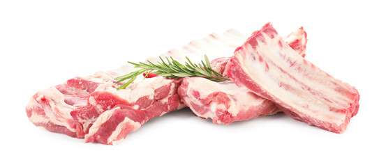 Fresh raw pork ribs and rosemary isolated on white