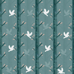 White Birds and Blossoming Branches – Hand-Painted Woodland Seamless Pattern