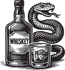 whiskey bottle and a glass rattle snake vector illustration