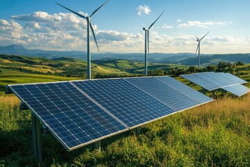 Renewable energy sources. Solar panels and wind turbines on a grassy hill