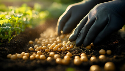Hands in Gloves Planting Seeds in Dark Soil