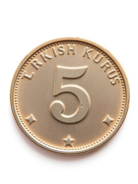 5 Turkish kurus coin lira front side isolated on white background, close up