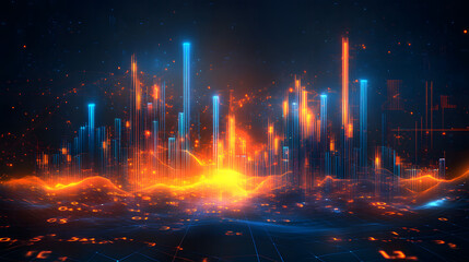 futuristic digital financial data visualization with glowing graphs, numbers, and abstract technological elements in blue and orange tones, symbolizing data analysis and trading.