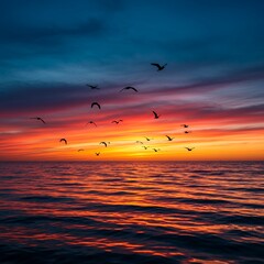 Obraz premium A breathtaking sunset over a vast ocean. The sky blends into the waves, while birds glide in silhouette, creating a tranquil and nostalgic scene. 