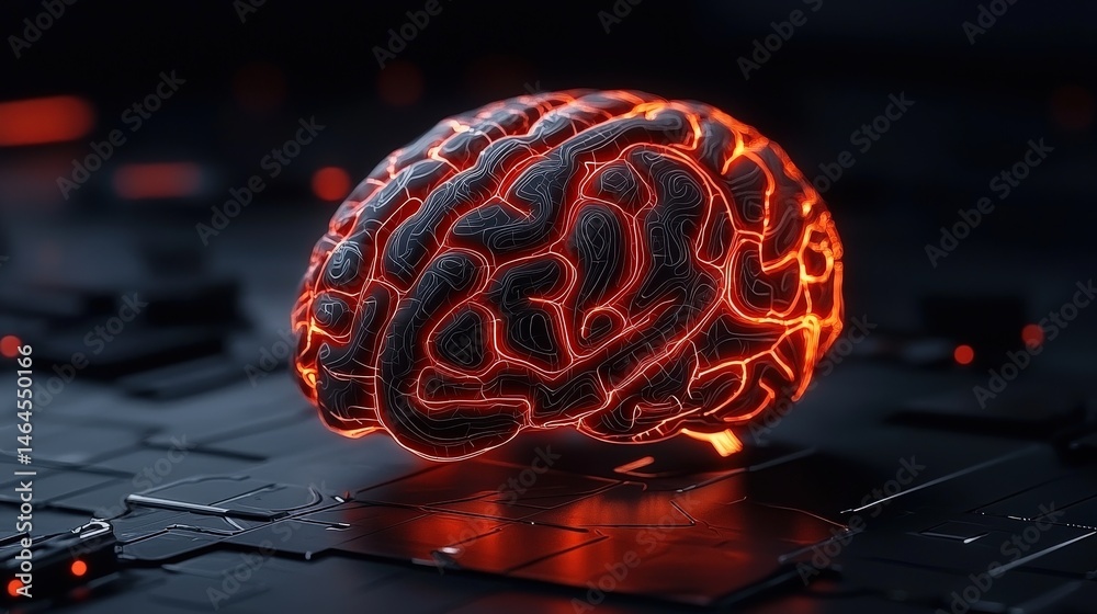 Poster conceptual image of a human brain resting on a laptop keyboard representing human-computer interacti