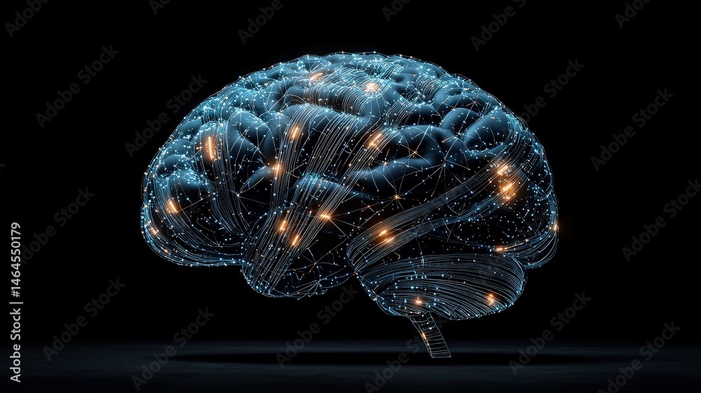 Poster detailed image of a brain with a network of connected lines representing neural connections and acti