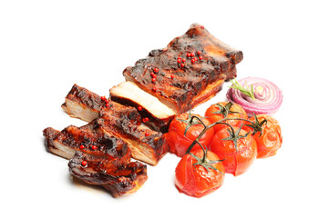 Delicious roasted pork ribs with tomatoes and onion isolated on white