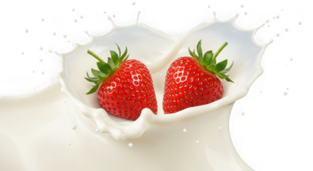 Two strawberries splashing into milk isolated on white background