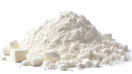 White flour and sugar cubes baking ingredients close up