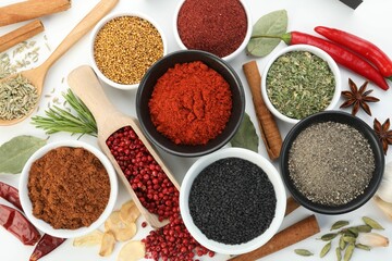 Different aromatic spices on white background, flat lay