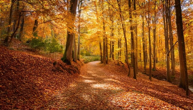 autumn path through a golden forest winding trail covered with orange and yellow leaves peaceful fall scene dappled sunlight in the forest - Powered by Adobe