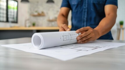 Hands Reviewing Blueprint at Desk