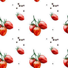 Tomatoes Watercolor Pattern. Hand drawn cherry tomatoes on a branch with black pepper. Ideal for textile printing, for packaging tomato products