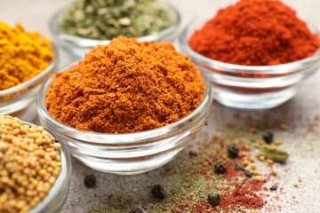 Different aromatic spices on light grey table, closeup