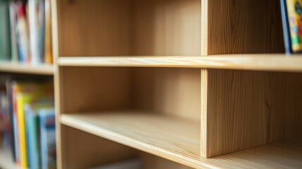 Empty wooden toy shelf with scattered toy blocks, symbolizing childhood memories and minimalist parenting concept. Vintage wooden furniture and nostalgic playroom decor.