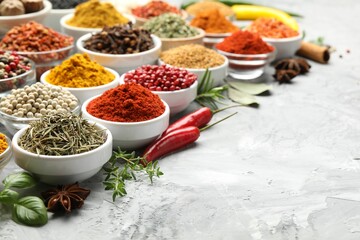 Different aromatic spices on grey table, closeup. Space for text