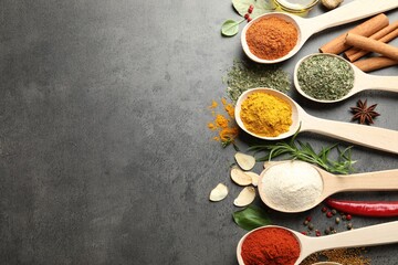 Many different spices in spoons on grey table, flat lay. Space for text
