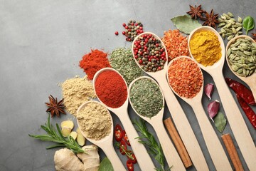 Many different spices in spoons on grey table, flat lay