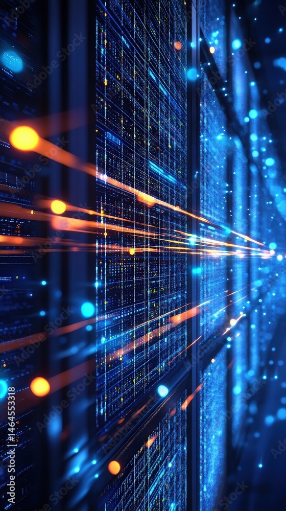 Poster illuminated server in a high-tech server room featuring glowing lights and modern computing technolo