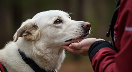 AI image a gentle human hand affectionately pets a white dog under its chin, showing trust, love, and a strong bond.