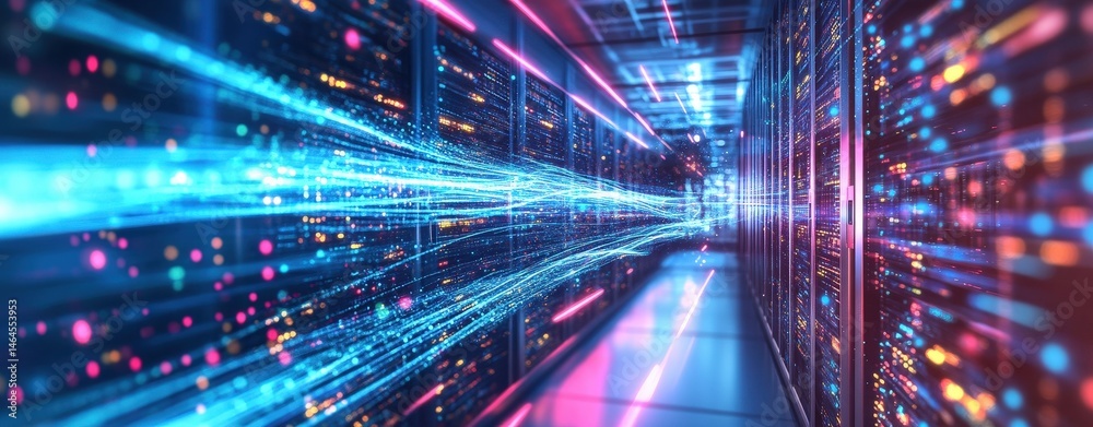 Poster key server hosting unit in a data center emphasizing modern technology and network solutions