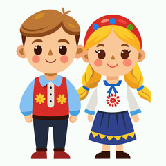 Adorable Cartoon Children in Traditional Folk Costumes