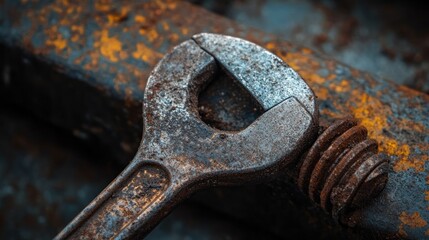 Close-up of a rusty adjustable wrench on a metal surface.