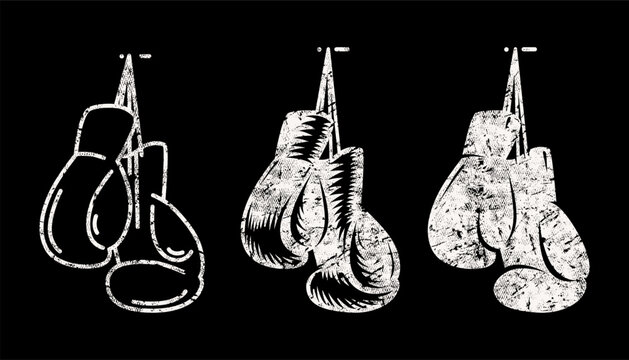 Stylized boxing gloves icon set. illustration in style engraving, thin line and silhouette. White print with rough texture on black background