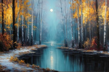 Obraz premium Serene landscape with trees and a moonlit river scene.