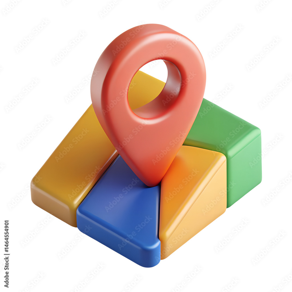 Poster a high quality 3d rendering icon depicting a location marker and multicolored geometric blocks over 