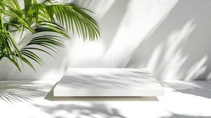 White Platform, Tropical Leaves, Sunlight Shadows
