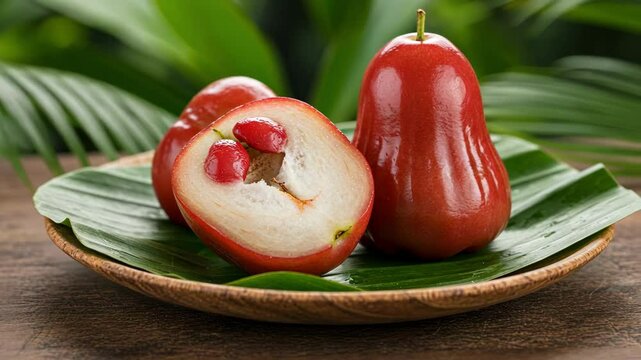 Close-up of Rose Apple on wood plate. Focus on detail.